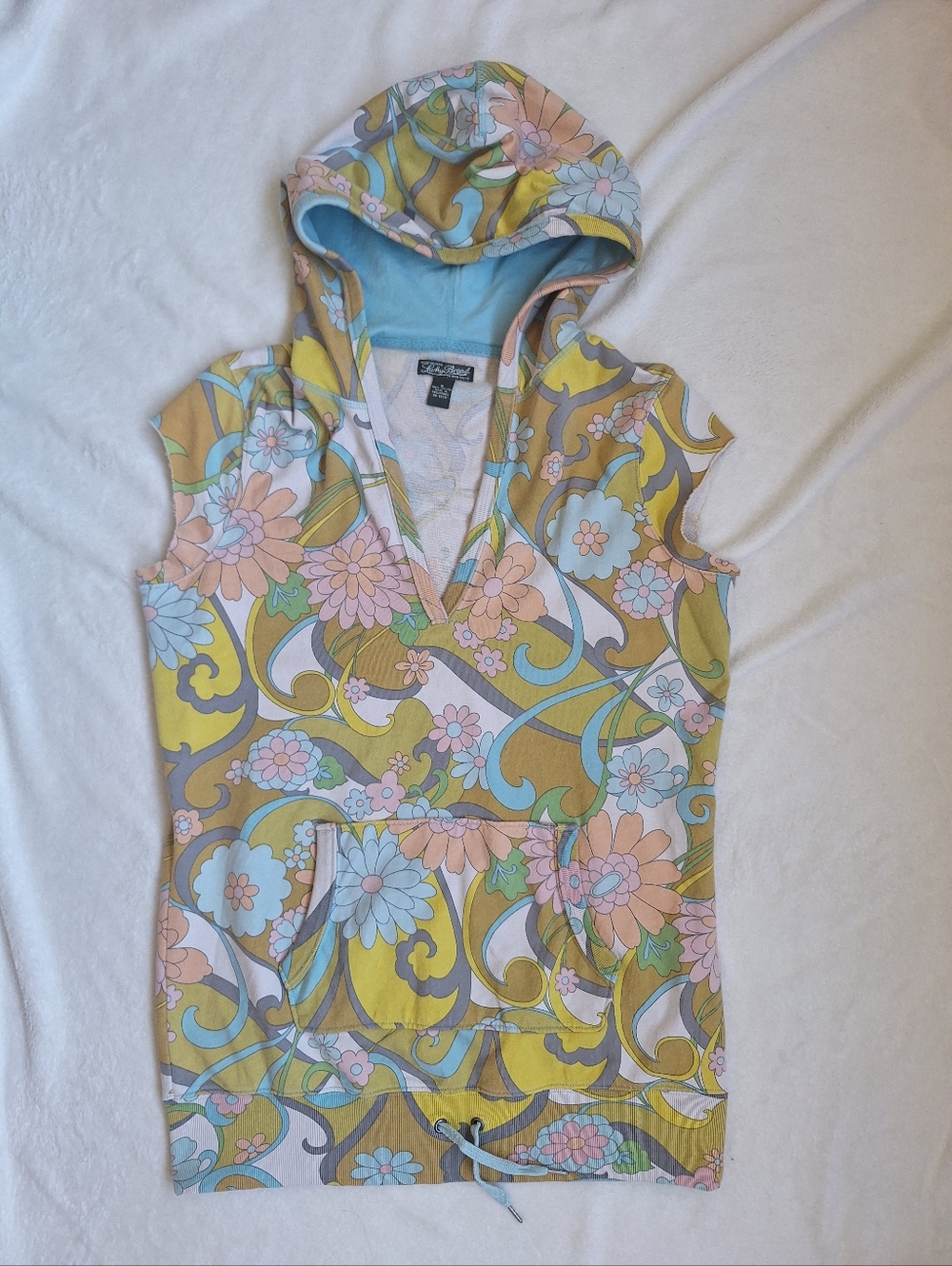 Vintage Lucky Brand Floral Sleeveless Hoodie Y2K Retro 70s Style Size M